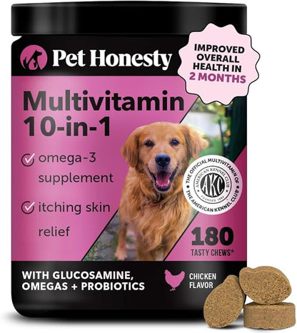 Pet Honesty Dog Multivitamin - 10 in 1 Dog Vitamins for Health & Heart - Fish Oil for Dogs, Glucosamine, Probiotics, Omega Fish Oil - Dog Vitamins and Supplements for Skin and Coat (Chicken 180 ct)