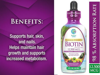 Maximum Strength Liquid Biotin Drops w/ 12,500 MCG – Best Vitamins for Fast Hair Growth, Reduced Hair Loss, Healthy Skin & Strong Nails -5X More Potent Than Pills– Max Absorption, Vegan– 4oz, 30 Serv