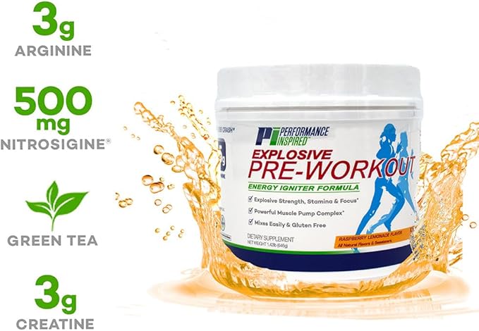 Performance Inspired Nutrition Pre-Workout Powder - All Natural - G-Free & Vegan Formula - Contains Citrulline - Nitrosigine - Green Tea - Arginine - Beta Alanine - Raspberry Lemonade - 23.84 Ounce