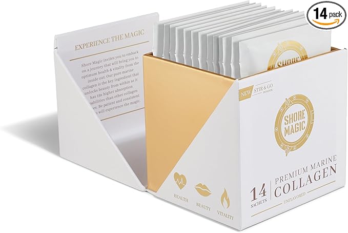 Premium Marine Collagen Powder with Type I II III and IV Hydrolyzed Peptides for Women Men, Sourced from Wild Fish Certified Kosher Unflavored - 14 Stir & Go Sachets (10g Each)