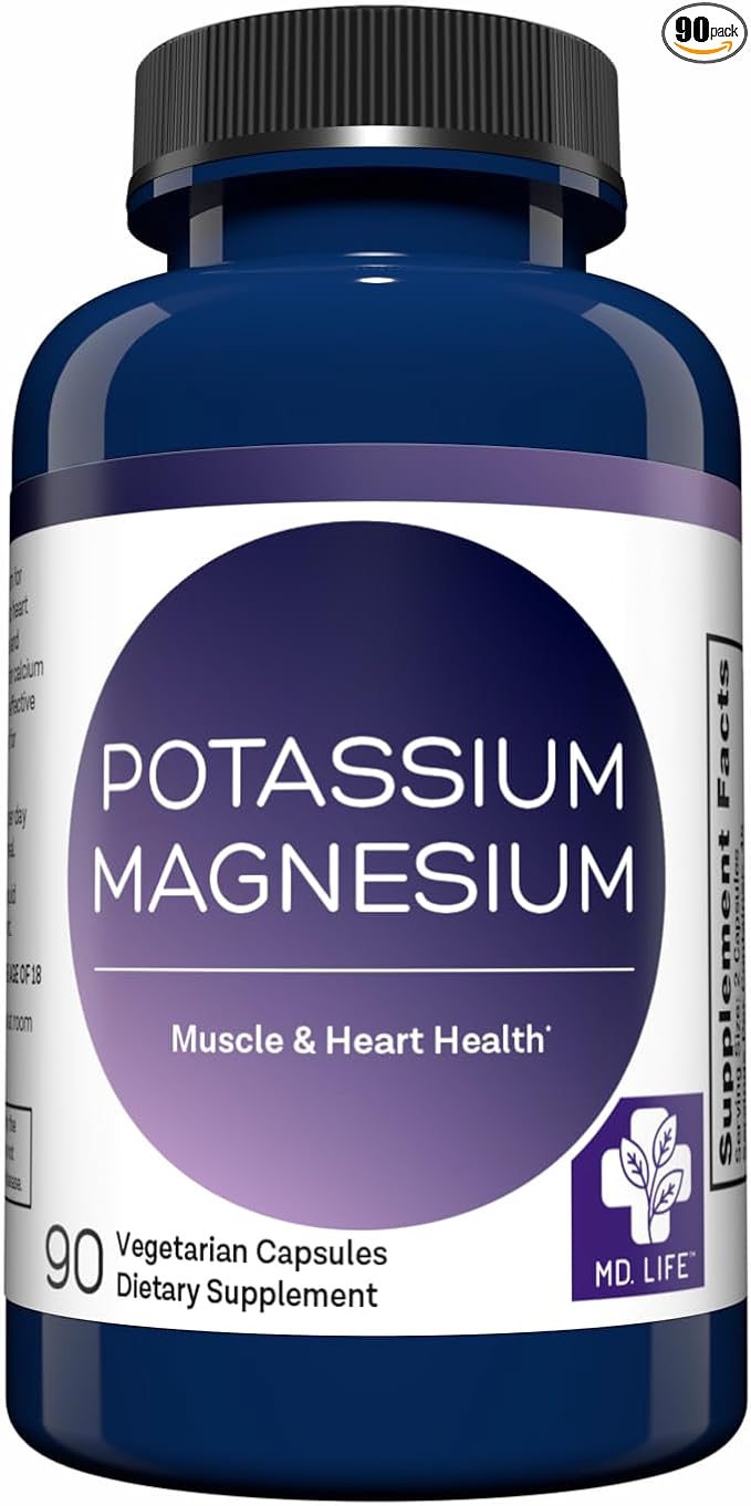 MD. Life Magnesium Potassium Supplement - 90 Capsules - High Absorption Magnesium Complex to Support Vascular Health & Leg Cramp 90cts