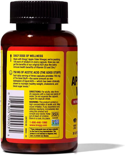 Bragg Apple Cider Vinegar Capsules with Vitamin D and Zinc - (2 Pack) 90 Capsules - Supports The Immune System