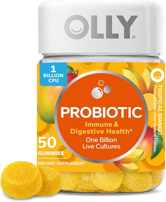 OLLY Probiotic Gummy, Immune and Digestive Support, 1 Billion CFUs, Chewable Probiotic Supplement, Mango, 25 Day Supply - 50 Count