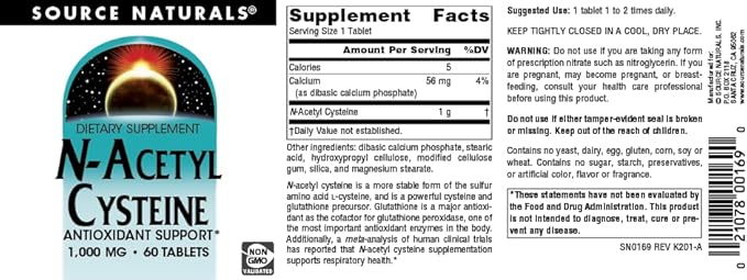 Source Naturals N-Acetyl Cysteine Antioxidant Support 1000 mg Dietary Supplement That Supports Respiratory Health* - 60 Tablets