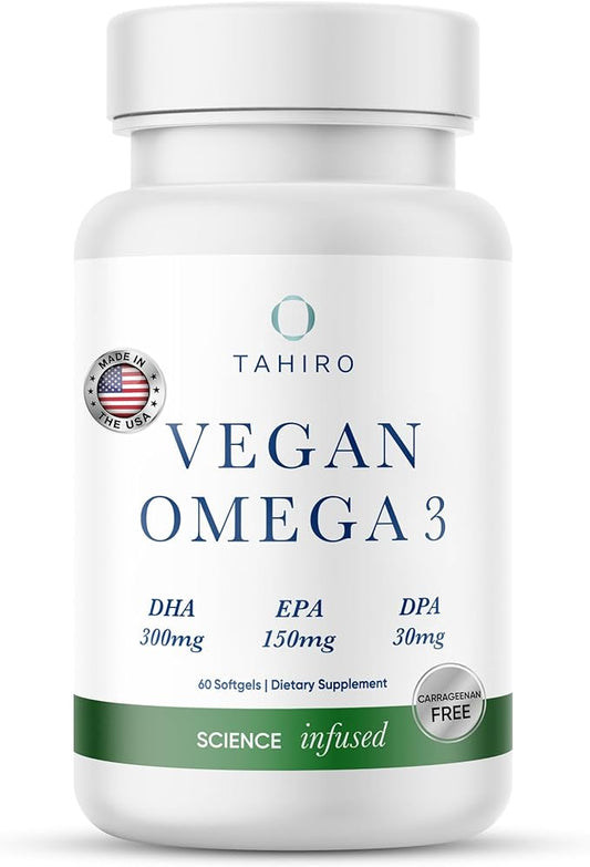 TAHIRO Vegan Omega-3 Softgels - Plant-Based Supplement with DPA, DHA & EPA - Nutrients for Men, Women and Pregnant Women - Supports Brain Health - Prenatal & Joint Supplements, 1000mg
