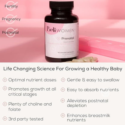 Beli Women Prenatal Multivitamin, for All Stages of Pregnancy, 400mg Choline, Folate, Vitamin D. Supports Egg Quality and Fertility, Gluten & Allergen Free, 90 Vegan Capsules (30-Day Supply)