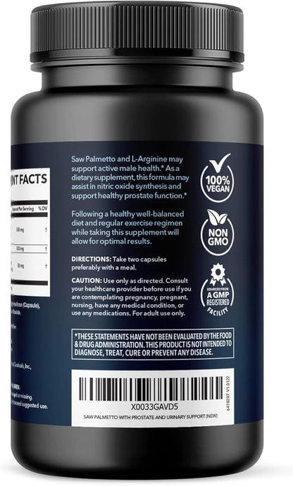 Saw Palmetto for Men with L Arginine Supplement - Hair Health & Male Health Support - L-Arginine Saw Palmetto Supplement with S7 Plant-Based Ingredients - Performance & Endurance - 60 Male Pills