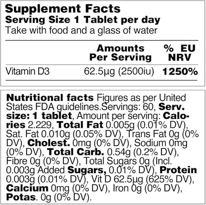 Chewable Vitamin D3 Tablets – High Strength 62.5µg 2,500IU Vitamin D3 Cholecalciferol – Vegan Gluten Free VIT D3 Vitamin Supplements (60Ct)