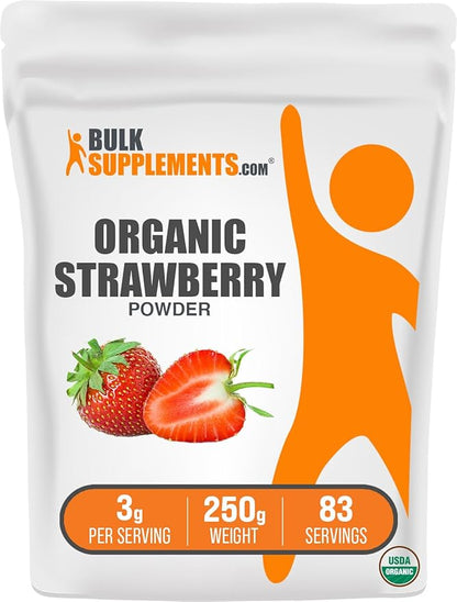 BulkSupplements.com Organic Strawberry Powder - Strawberry Powder Supplement, Strawberry Powder Organic - No Sugar Added & Gluten Free, 3g per Serving, 250g (8.8 oz) (Pack of 1)