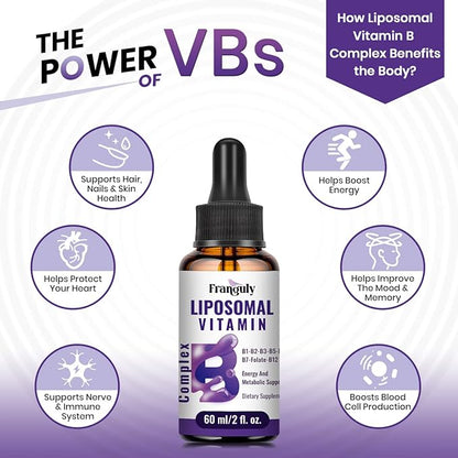 Liposomal Vitamin B Complex Liquid Sublingual B Complex Vitamins Supplement for Women Men Improved Absorption Methylated B12,B1, B2, B3, B5, B6,Folate,Biotin for Energy And Immune Support-2.0 oz