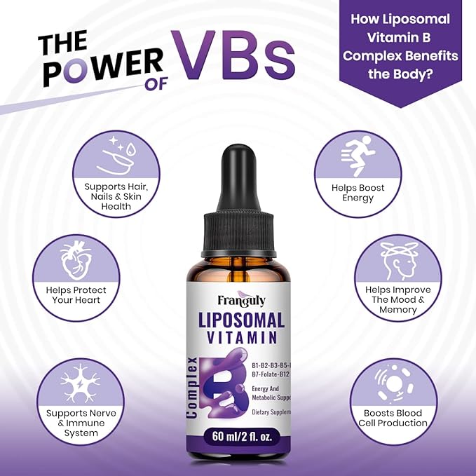 Liposomal Vitamin B Complex Liquid Sublingual B Complex Vitamins Supplement for Women Men Improved Absorption Methylated B12,B1, B2, B3, B5, B6,Folate,Biotin for Energy And Immune Support-6.0 oz