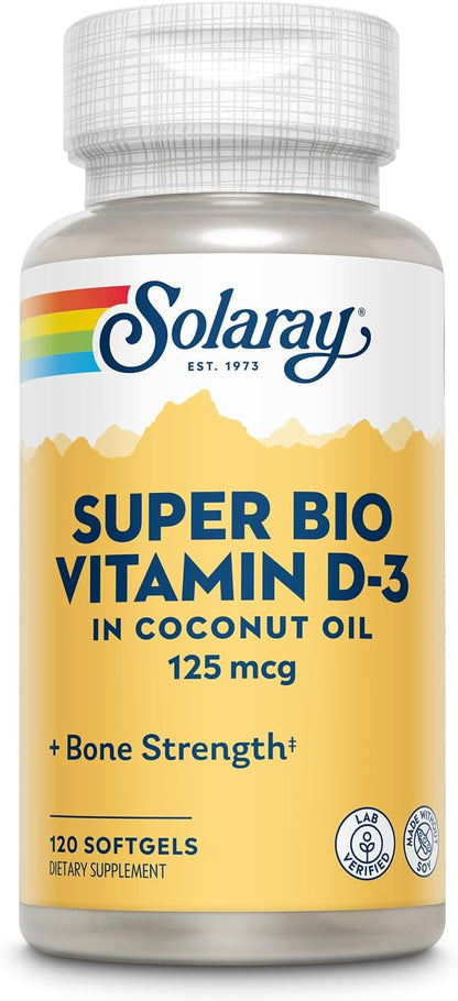 Solaray Super Bio Vitamin D3 in Coconut Oil - D3 Vitamin 5000 IU - Bone Health and Immune Support Supplement - Lab Verified, Made Wtihout Soy, 60-Day Guarantee - 120 Softgels, 120 Servings