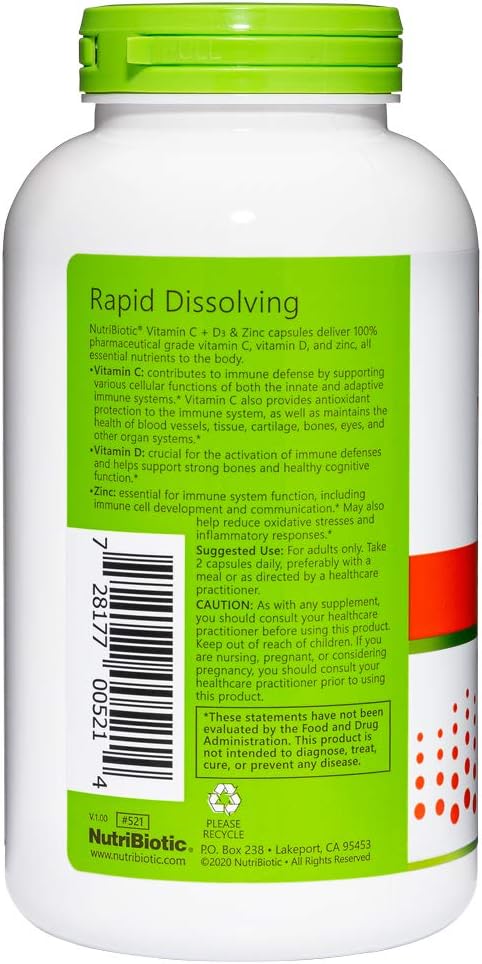 NutriBiotic – Vitamin C + Vitamin D3 & Zinc, 250 Capsules | Potent, Comprehensive Immune Support | Essential & Antioxidant Daily Supplement | Gluten & GMO Free