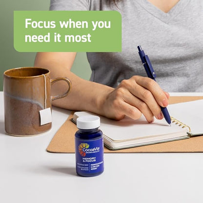 CocoaVia Memory & Focus Brain Supplement, 90 Day, Cocoa Flavanol Blend, Lutein, Added Caffeine for Boost. Improve Cognitive Function, Attention, Vegan & Plant Based, 90 Capsules