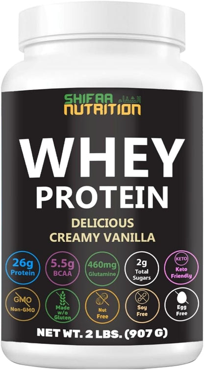 Delicious Creamy Vanilla Halal Whey Protein Powder 2Lbs | 26g Protein, 5500mg BCAAs, and 460mg Glutamine | for Recovery & Lean Muscles | Gluten-Free | Non-GMO | Keto-Friendly