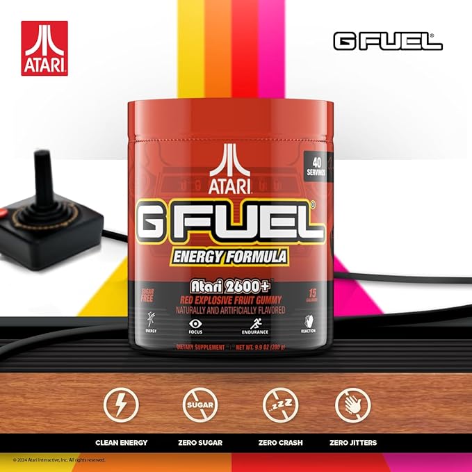 G Fuel Atari 2600+™ Energy Drink Powder, Pre Workout Caffeine Powder, Energy Powder Drink Mix for Gaming, Sugar Free Focus Amino, Vitamin + Antioxidants, 9.9oz (Red Explosive Fruit Gummy, 40 Servings)