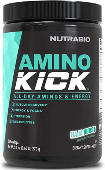 NutraBio Amino Kick - Amino Acid Energy Formula - BCAA's, Electrolytes for Hydration, Natural Caffeine- 30 Servings (Baja Burst)