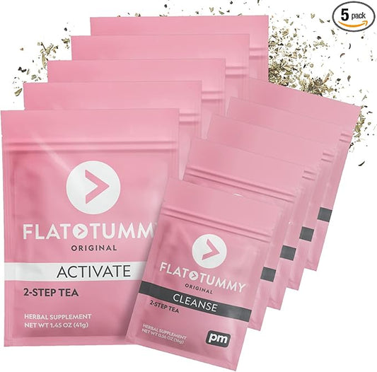 Flat Tummy Detox Tea (4 Week Program) – 2-Step Detox Tea to Boost Energy & Reduce Bloating* - All Natural Detox Cleanse w/Green Tea, Lemon Balm, Dandelion, Fennel, & More - Digestion support (5 Pack)