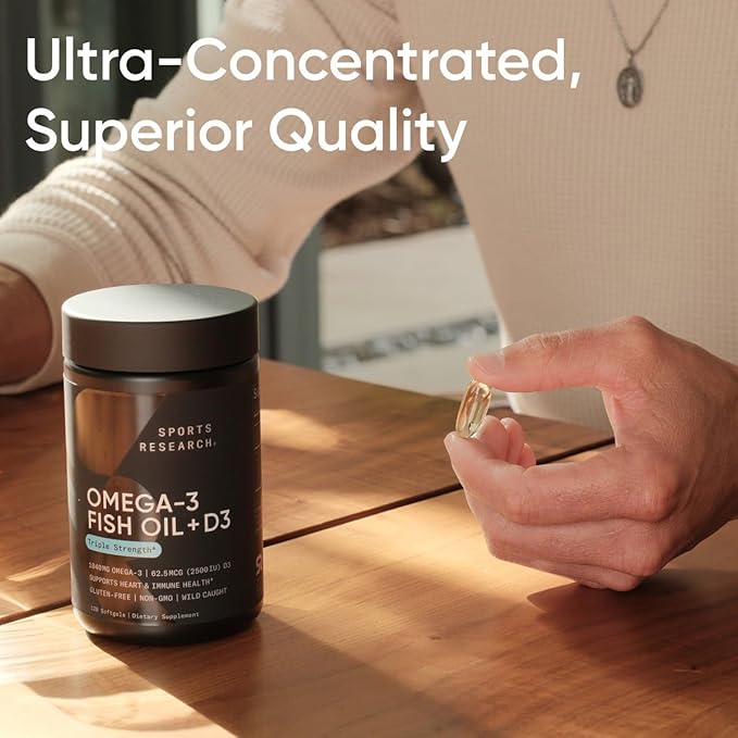 Sports Research Triple Strength 1040mg Omega-3 from Wild Alaska Pollock with Vitamin D3 2500iu | 2-in-1 Vitamin D & Omega DHA Fish Oil Supplement Supporting Heart Health - 120 Softgels