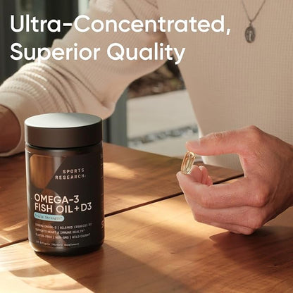 Sports Research Triple Strength 1040mg Omega-3 from Wild Alaska Pollock with Vitamin D3 2500iu | 2-in-1 Vitamin D & Omega DHA Fish Oil Supplement Supporting Heart Health - 120 Softgels