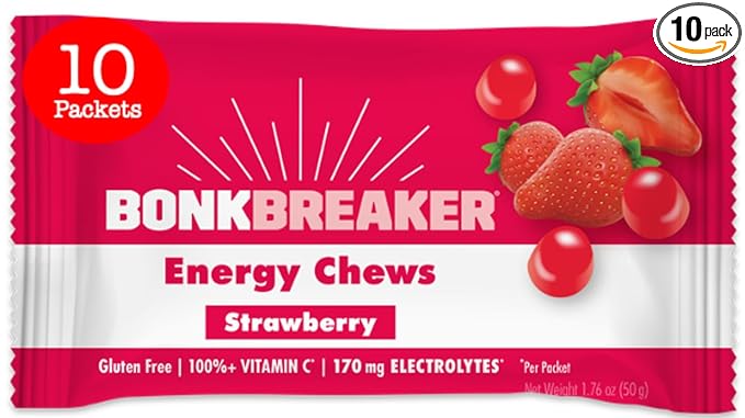 Bonk Breaker Energy Chews, Dairy-Free, Gluten-Free Ingredients to Provide Quick Energy and Focus, 1 Box of 10 Packets, Strawberry