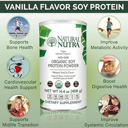 Natural Nutra Organic Vegan Plant Based Soy Protein Source Powder, Supports Bone and Improves Cardiovascular Health, Gluten Free, Non GMO, Sugar-Free 14.4 OZ.