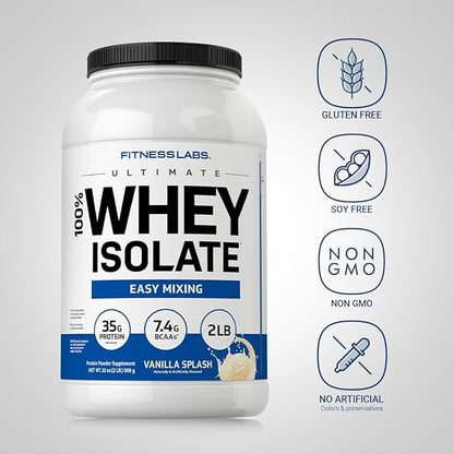 Fitness Labs Whey Protein Isolate Powder | 2lb | 35g Protein | Vanilla Flavor | with BCAAs | Non-GMO, Gluten Free Supplement