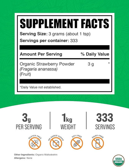 BulkSupplements.com Organic Strawberry Powder - Strawberry Powder Supplement, Strawberry Powder Organic - No Sugar Added & Gluten Free, 3g per Serving, 1kg (2.2 lbs) (Pack of 1)