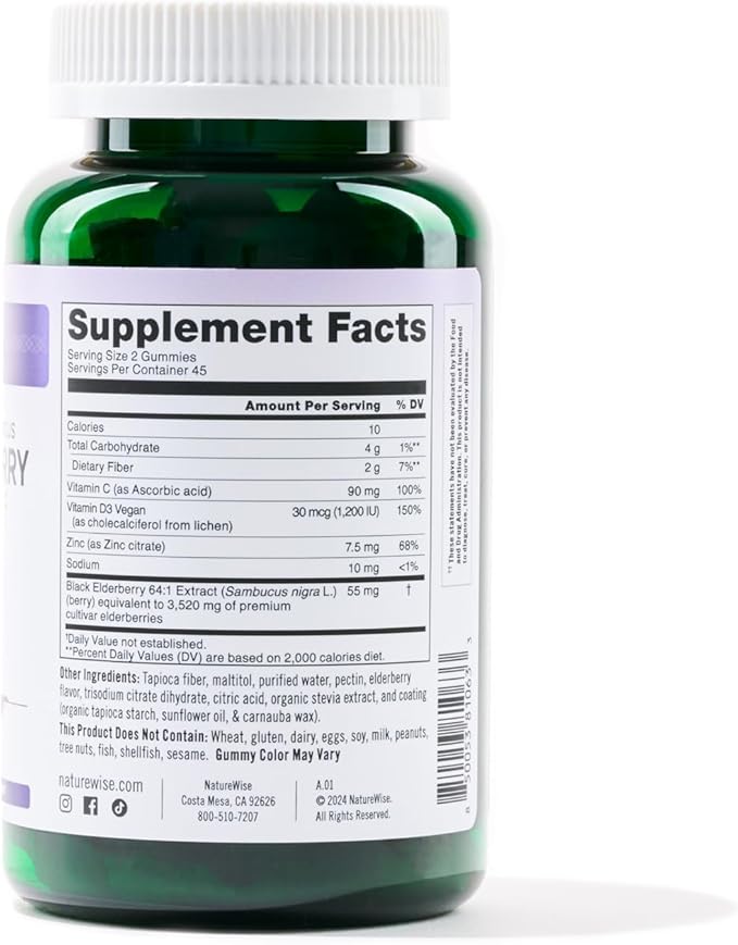 NatureWise Sambucus Elderberry Gummies - Sugar-Free - Daily Immune Support Supplement for Kids and Adults*, with Vitamin C, D3, Zinc - Vegan, Gluten Free, Non-GMO - 90 Count[45-Day Supply]