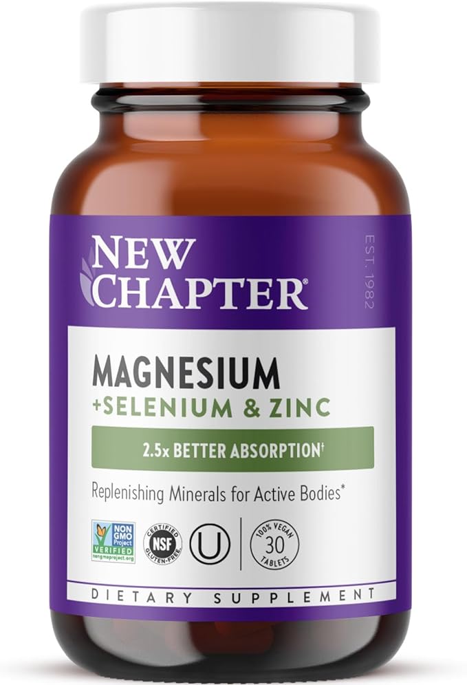 New Chapter Magnesium-Selenium-Zinc Supplement for Active Bodies, Bounce Back After Exercise with Muscle Support Minerals + Hydrating Electrolytes, 325 mg Magnesium in One-Daily Tablet, 30 Count