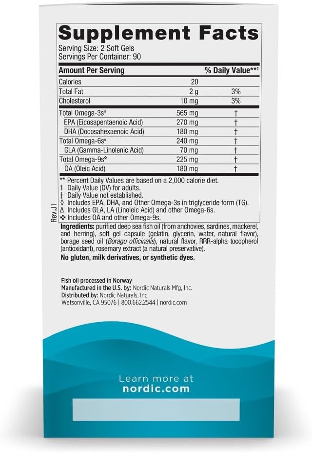 Nordic Naturals Complete Omega, Lemon Flavor - 180 Soft Gels - 565 mg Omega-3 - EPA & DHA with Added GLA - Healthy Skin & Joints, Cognition, Positive Mood - Non-GMO - 90 Servings