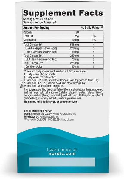 Nordic Naturals Complete Omega, Lemon Flavor - 180 Soft Gels - 565 mg Omega-3 - EPA & DHA with Added GLA - Healthy Skin & Joints, Cognition, Positive Mood - Non-GMO - 90 Servings