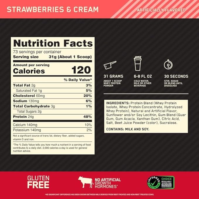 Optimum Nutrition Gold Standard 100% Whey Protein Powder, Strawberries & Cream, 5 Pound (Packaging May Vary)