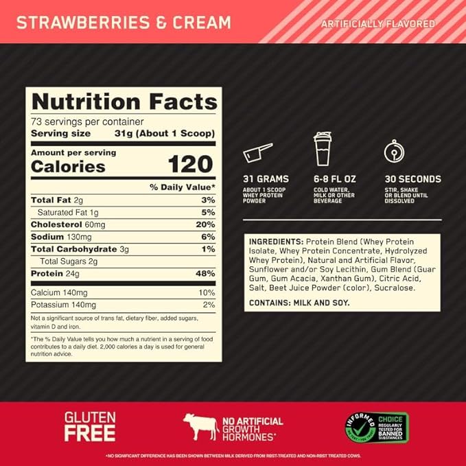 Optimum Nutrition Gold Standard 100% Whey Protein Powder, Strawberries & Cream, 5 Pound (Packaging May Vary)