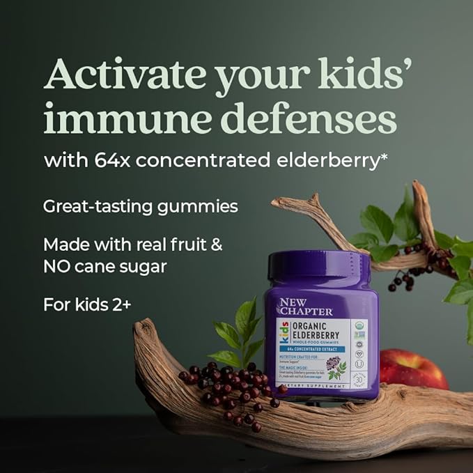 New Chapter Elderberry Gummies for Kids 2+, USDA Organic,64x Concentrated Pure Elderberry for Immune Support,Great Tasting Whole-Food Gummies, Vegan & Non-GMO, 30 ct