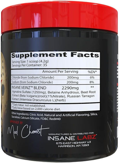 Insane Labz Insane Veinz Non Stimulant NO Enhancing Powder, Nitric Oxide Booster, Loaded with Agmatine Sulfate and Betaine Anhydrous, Increase Vascularity, 35 Srvgs, Fruit Punch