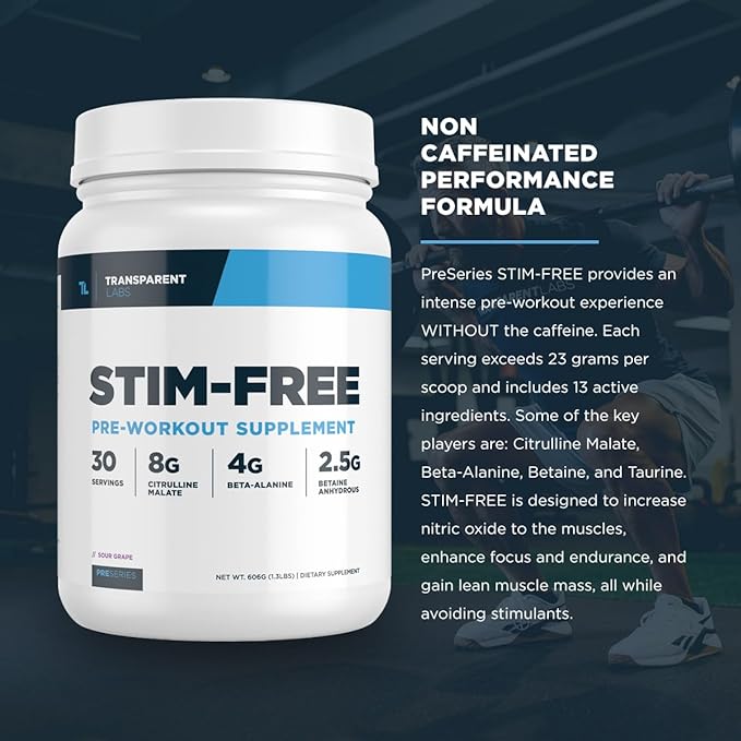 Transparent Labs Stim-Free Pre-Workout - Caffeine & Stim Free Pre Workout Powder for Men and Women with Beta Alanine Powder, Citrulline Malate, & elevATP - 30 Servings, Blue Raspberry