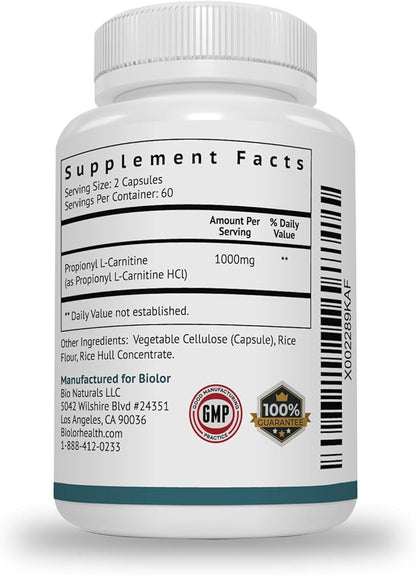 Biovy High Absorption Propionyl-L-Carnitine (PLCAR) No Artificial Fillers - Effective Propionyl L Carnitine HCL Supplement to Support Blood Circulation - 120 Capsules