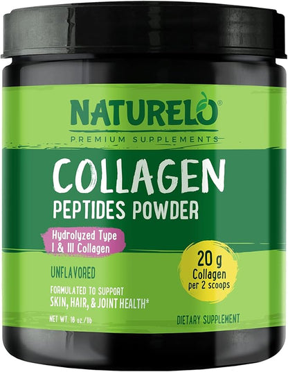 NATURELO Collagen Peptide Powder, Hydrolyzed Collagen Type I & III, Skin Hair & Joint Health - Unflavored, 16 Ounces | 45 Servings