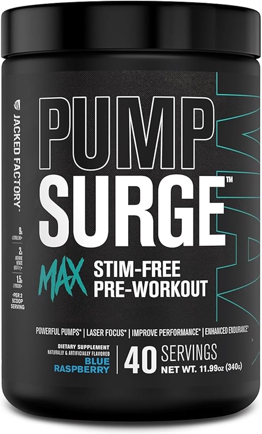 Jacked Factory Pumpsurge Max Stim Free Pre Workout - High-Performance Caffeine Free Pre Workout with L-Citrulline, N03-T Arginine Nitrate & Glutathione - 40 Servings, Blue Raspberry
