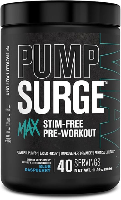 Jacked Factory Pumpsurge Max Stim Free Pre Workout - High-Performance Caffeine Free Pre Workout with L-Citrulline, N03-T Arginine Nitrate & Glutathione - 40 Servings, Blue Raspberry