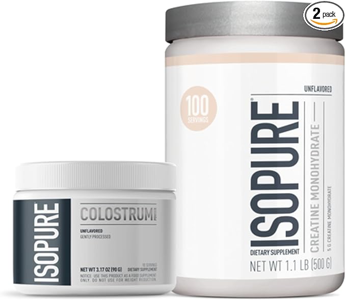 Bundle of Isopure Bovine Colostrum Supplement Powder, Gently Processed, 90 Servings + Isopure Unflavored Creatine Monohydrate Powder, 5g Creatine Monohydrate per Scoop, 100 Servings, 500g