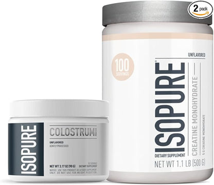 Bundle of Isopure Bovine Colostrum Supplement Powder, Gently Processed, 90 Servings + Isopure Unflavored Creatine Monohydrate Powder, 5g Creatine Monohydrate per Scoop, 100 Servings, 500g