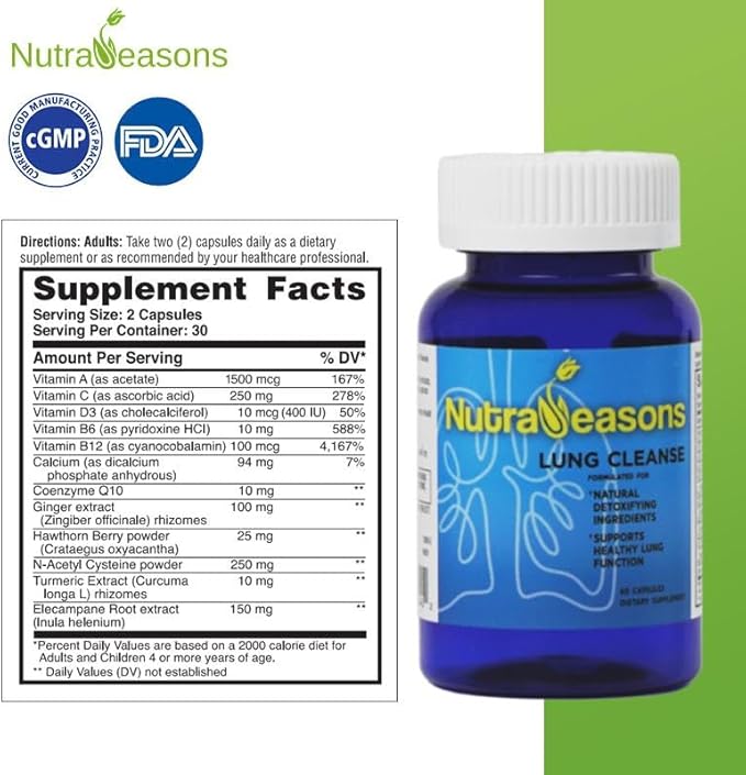 NutraSeasons Lung & Bronchial Cleanse & Detox | Respiratory Health | Immune Support | 12 Purify Ingredients | Ginger, Hawthorn Berry, Turmeric, Elecampane Root Extract, Vit A, C, D3, B6, B12 | 60 Caps