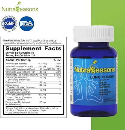 NutraSeasons Lung & Bronchial Cleanse & Detox | Respiratory Health | Immune Support | 12 Purify Ingredients | Ginger, Hawthorn Berry, Turmeric, Elecampane Root Extract, Vit A, C, D3, B6, B12 | 60 Caps