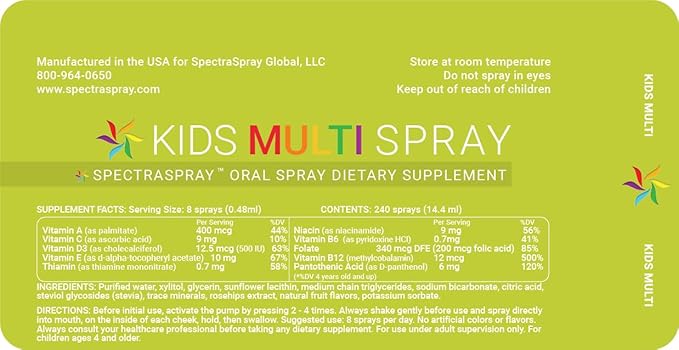 Spectraspray Multi Vitamin for Kids (Adult Supervision Required) – Essential D3 (500IU) & B12 Active Form for Immune Support, Ideal for Back to School