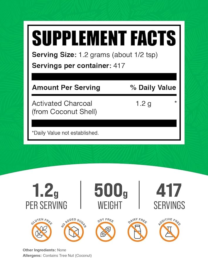 BulkSupplements.com Activated Charcoal Powder - Coconut Charcoal, Charcoal Powder for Teeth Whitening - Activated Charcoal Odor Absorber, Vegan & Gluten Free - 1200mg per Serving, 500g (1.1 lbs)