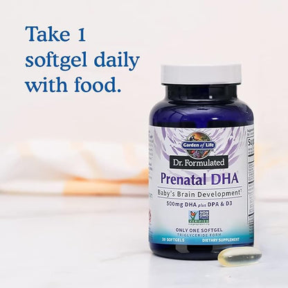 Garden of Life Dr. Formulated Prenatal DHA Fish Oil - 550mg DHA & DPA in Triglyceride Form 100% DV Vitamin D3, Single Source, Mercury Free Omega 3 DHA Supplements for Women's Health, 30 Softgels
