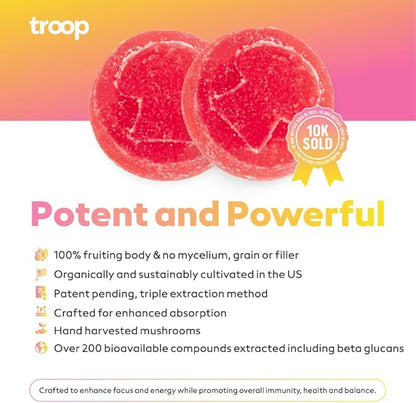 Troop Daily Super 6 Mushroom Blend for Immunity, Vitality, Mood, Balance, Gut Health, Energy - Restorative Supplement with Triple Extracted Fruit Body Blend - Vegan, Delicious Gummies, 60 Count