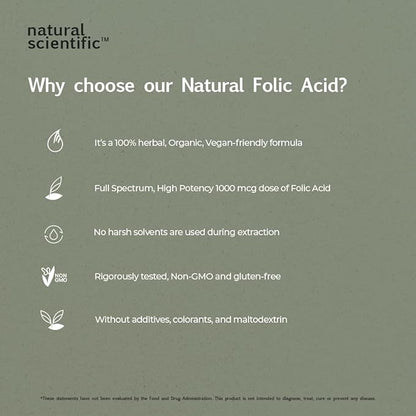 Organic Folic Acid Supplement 1000 mcg - Vitamin B9 (Folate) from Organic Lemon Peel - 60-Day Supply - Plant-Based, Gluten-Free, Vegan, Non-GMO - 60 capsules - Premium Dietary Supplement